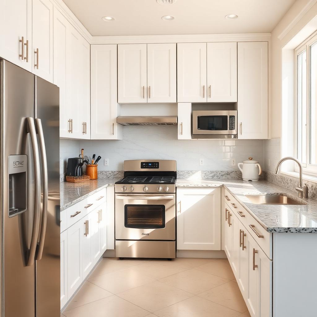 Spotless kitchen with white cabinets cleaned by CR Cleaning Services